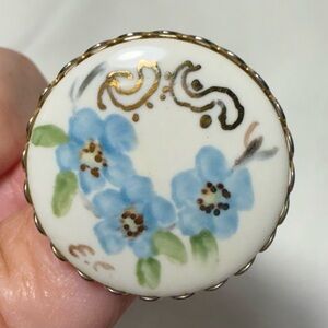 Vintage Hand Painted Brooch Pin Gold and Floral with Blue Flowers